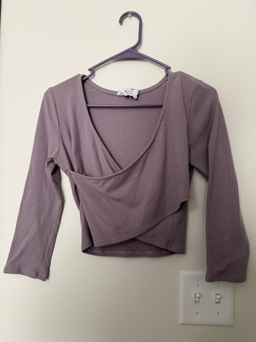 Sadie & Sage Mauve Ribbed Wrap Crop Top Size M Long Sleeve Surplice Boho Chic
